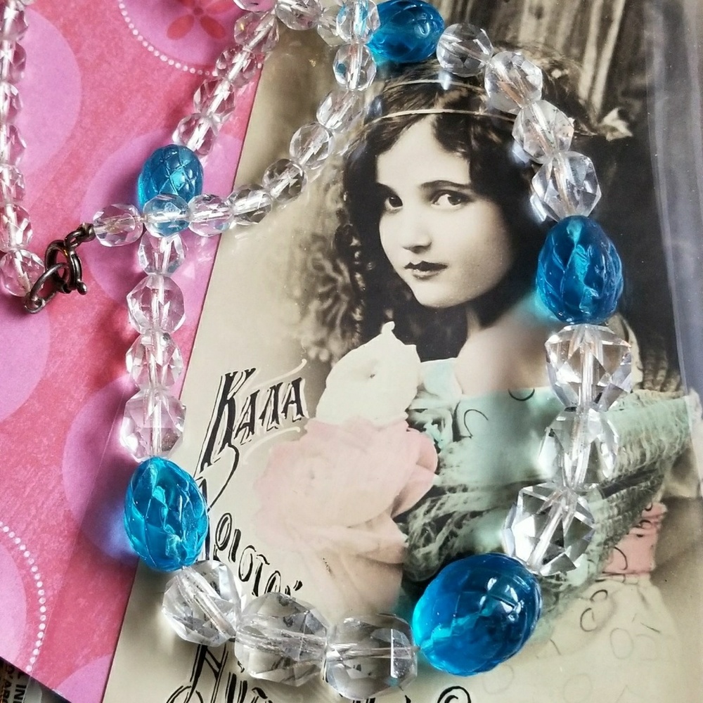 Vintage Art Deco cut crystal glass bead necklace blue faceted beaded flapper